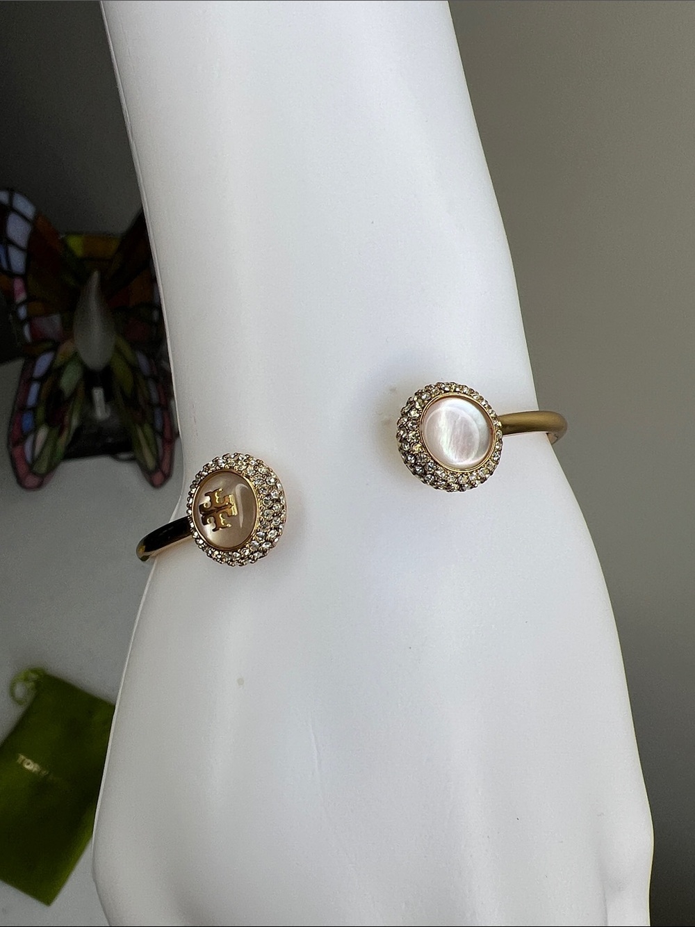 Tory Burch Gold-Tone Open Bracelet with Mother-of-Pearl and Crystal Halo